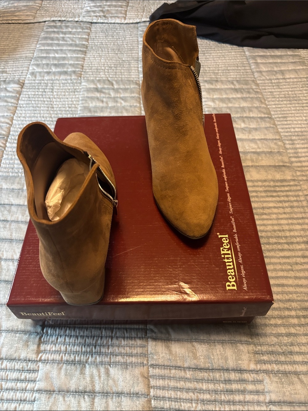 BeautiFeel Tan Suede Ankle Booties with Side Zip Detail